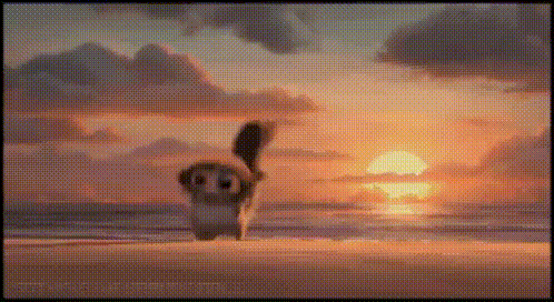 a pixel art of a squirrel standing on a beach at sunset .