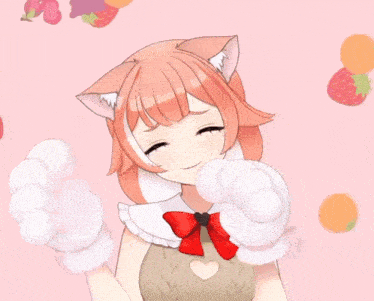 a girl with cat ears and white gloves is surrounded by berries