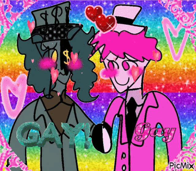a couple of cartoon characters are standing next to each other and the word gay is on the bottom right