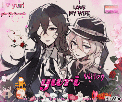 a picture of two anime characters with the words love my wife yuri wifey