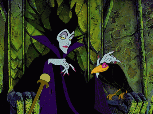 a cartoon illustration of maleficent holding a bird and a cane