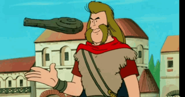 a cartoon of a man with a beard and a sword on his head