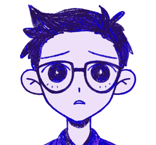 a drawing of a boy wearing glasses and purple hair