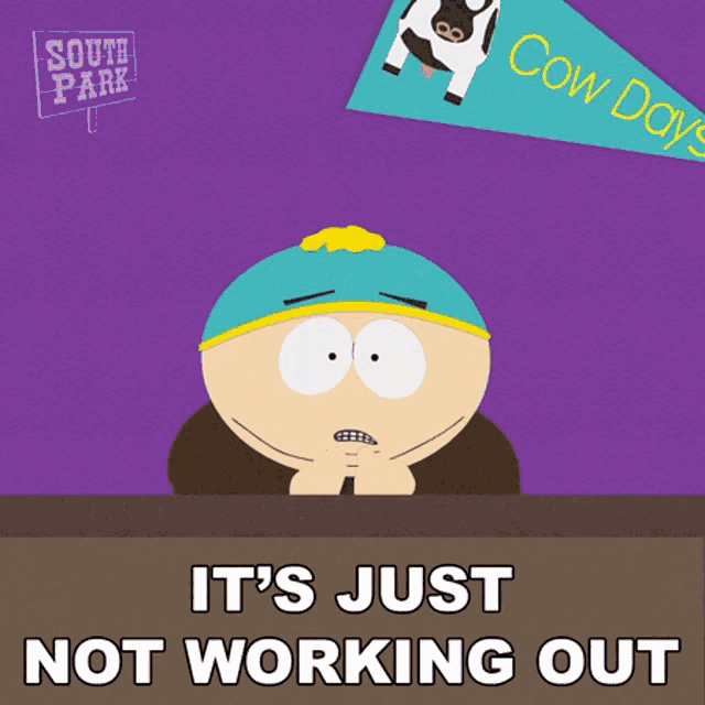 a cartoon character from south park sits at a desk with a sign that says cow dogs