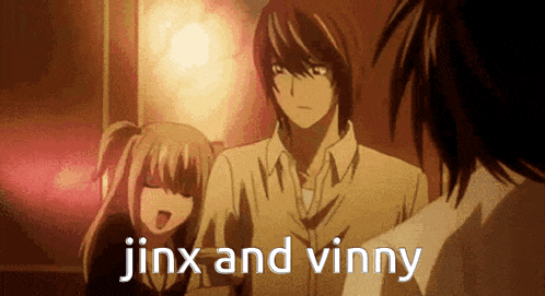a man and a girl are standing next to each other with the words jinx and vinny above them