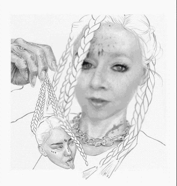 a drawing of a woman with braids and a tattoo on her face