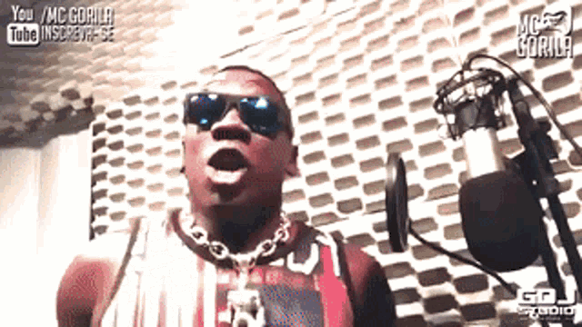 a man wearing sunglasses stands in front of a microphone with the words you / mc gorilla on the bottom right