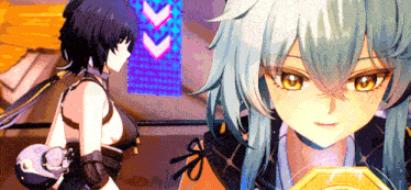two anime girls are standing next to each other in a room with arrows on the wall