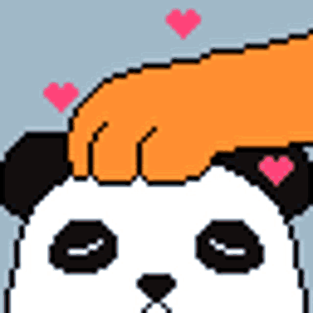 a pixel art drawing of a panda bear with a cat 's paw on its head