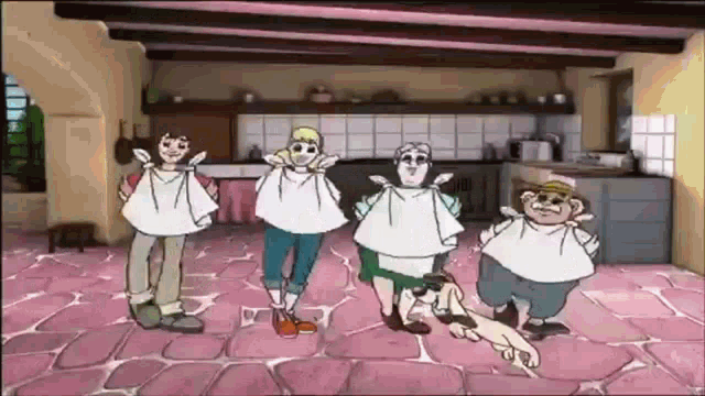 a group of cartoon characters are standing in a kitchen holding aprons over their heads .