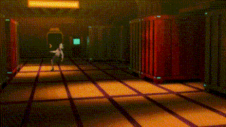 a cartoon character is dancing on a tiled floor in a hallway