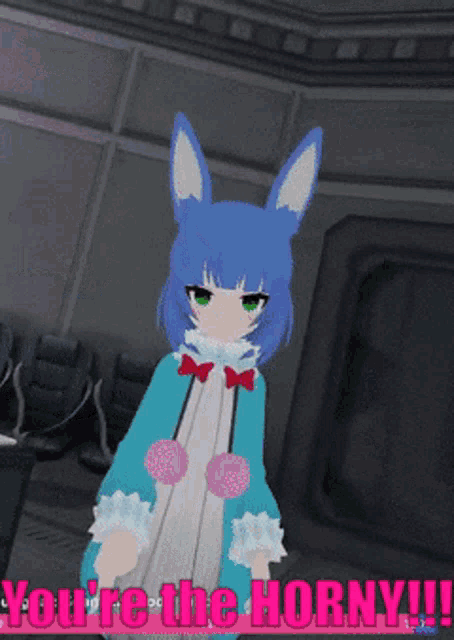 a cartoon character with blue hair and white ears says " you 're the horny !!! "