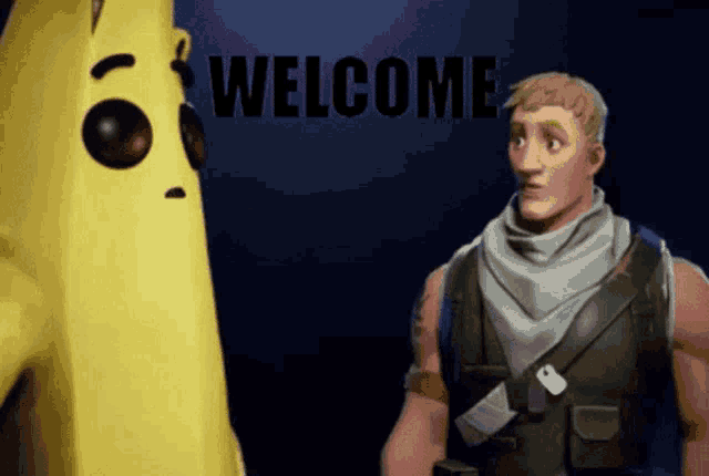 a man and a banana are standing next to each other and the words welcome are behind them