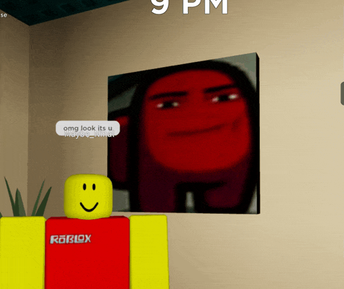 a roblox character is standing in front of a picture of a red face