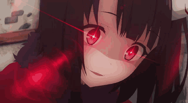 a girl with red eyes is saying excuse me hee hee hee