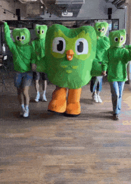 a group of people dressed in green hoodies and owl costumes