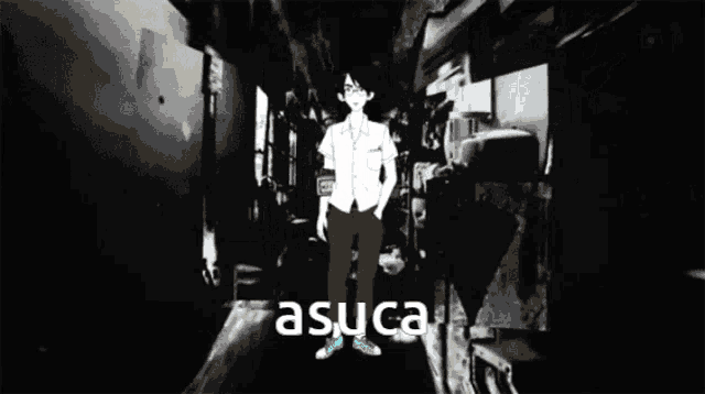 a black and white photo of a person with the name asuca