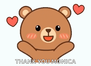 a teddy bear with hearts around it is saying thank you monica