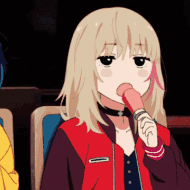 a blonde anime girl in a red jacket is eating a pink ice cream cone