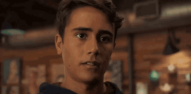 a young man in a blue hoodie is looking at the camera in a restaurant .