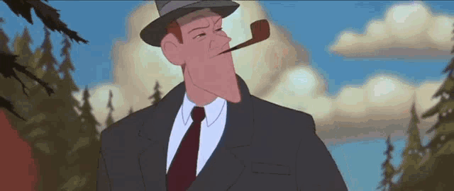 a man in a suit and tie is smoking a pipe in his mouth .