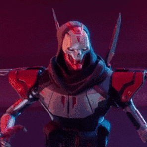 a robot with a hood and a sword is standing in a dark room .