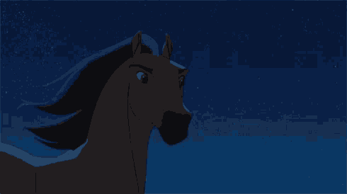 a cartoon horse with a long mane is running in the dark .