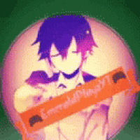 a man with purple hair is holding a scarf in his hand .