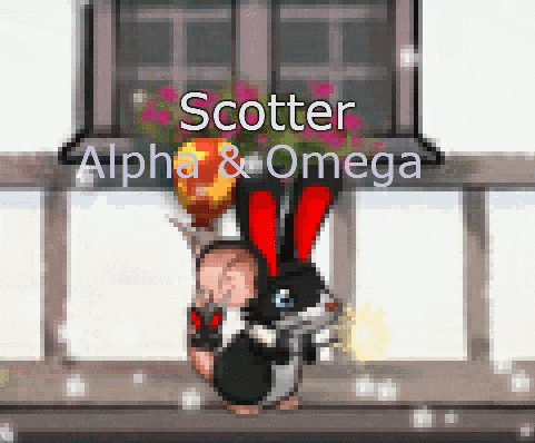 a pixel art of a rabbit with the words scatter alpha & omega written above it