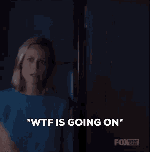 a woman in a blue sweater is standing in front of a refrigerator door and says `` wtf is going on '' .