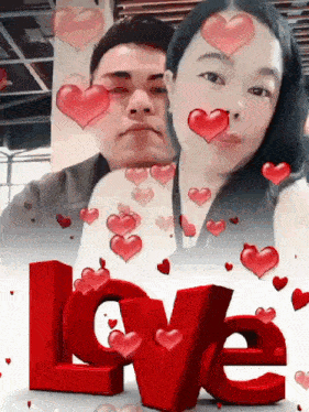a man and a woman are surrounded by hearts and the word love is in the foreground