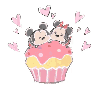 a drawing of mickey mouse and minnie mouse kissing on top of a cupcake