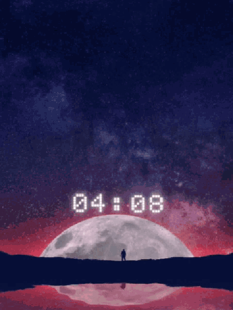 a man is standing in front of a full moon with the time 4:04