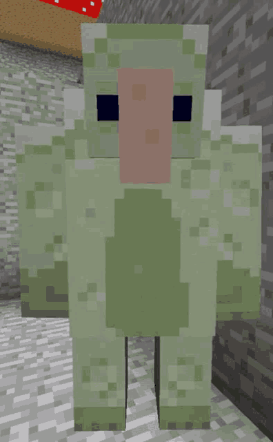 a green sheep with a pink nose is in a minecraft world