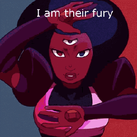 a cartoon character with three eyes and the words " i am their patience " below her