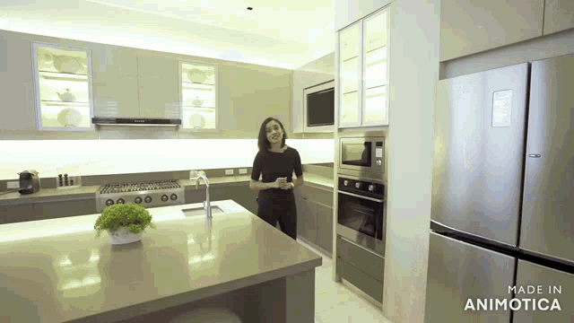 a woman stands in a kitchen with a stainless steel refrigerator made in animatica
