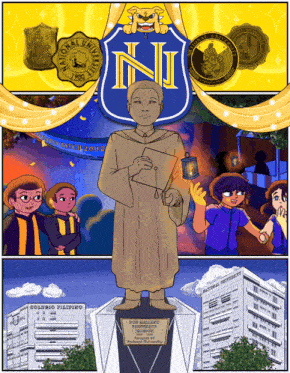 a cartoon drawing of a man holding a lantern in front of a national university logo