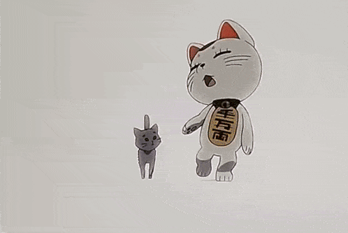 a cartoon cat is holding a microphone with chinese writing on the bottom