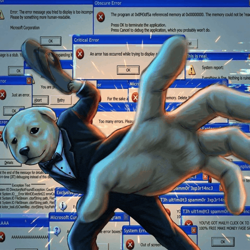 a painting of a dog in a tuxedo with a critical error message on the screen