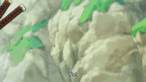 a cartoon character is holding a sword and says no on the bottom