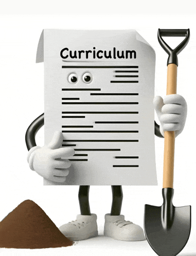 a cartoon character is holding a shovel and a piece of paper with the word curriculum on it