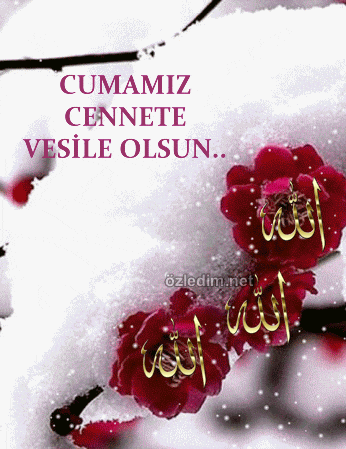 cumamız cennete vesile olsun written on a card with red flowers in the snow
