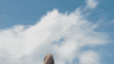 a woman in a blue shirt stands in front of a cloudy sky
