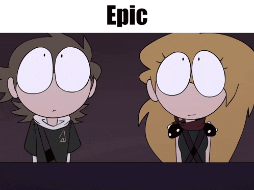 a couple of cartoon characters standing next to each other with the word epic on top