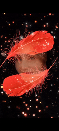 a woman 's face is behind two red feathers