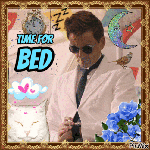 a picture of a man in a suit and tie with the words time for bed above him