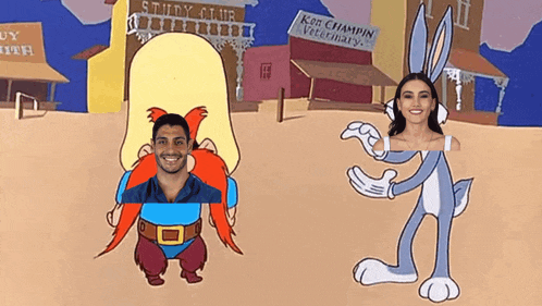 a man and a woman are standing next to bugs bunny in a cartoon scene