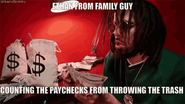 a man with dreadlocks is counting his paychecks from throwing trash