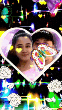 a picture of a man and a woman in a heart with butterflies