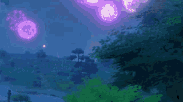 a painting of purple fireworks in the sky over a river